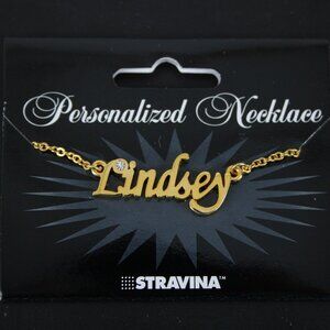 LINDSEY Name Goldtone Rhinestone Accent 14.5" w 4.5" Multi Ring Ext Necklace